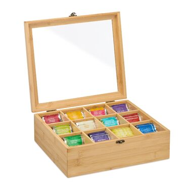 Чайна коробка Relaxdays, 12 відділень, для зберігання чайних пакетиків, бамбук, чайна скринька з оглядовим віконцем, ВxШxГ 11 x 32 x 28 см, натуральний колір
