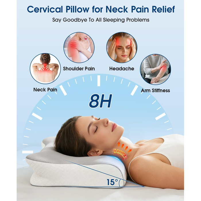 Ортопедична подушка для шиї метелик з піни з ефектом пам&39яті, ергономічна подушка з 2 охолоджувальними чохлами, що можна прати, для полегшення болю в шиї для тих, хто спить на боці, спині та животі, 2 рівні висоти