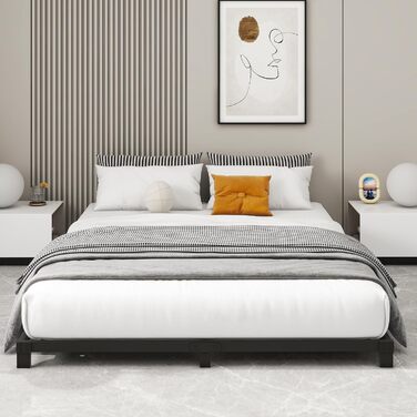 Ліжко-платформа з металу, каркас ліжка 140 x 200 см, низьке металеве ліжко з металевою рейковою основою, сучасне металеве ліжко для дорослих, дітей, підлітків, легке складання, двоспальне ліжко, чорне, висота 12 см, 140 x 200 см, чорне (низьке)