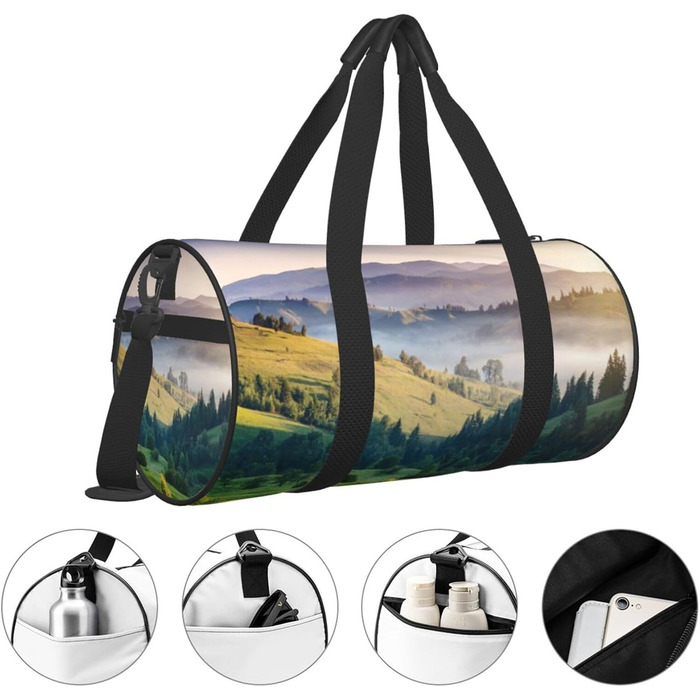 Спортивна сумка для подорожей Світанок, з принтом пейзажу, чорна, універсальний розмір