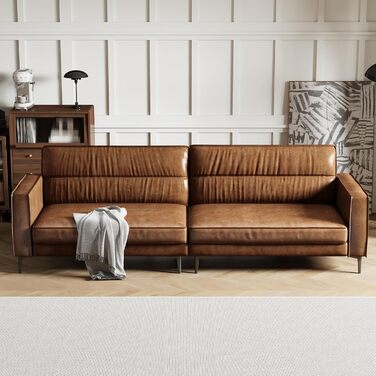 Місний диван під вінтажну шкіру Компактний диван зі штучної шкіри з ґудзиками, металевими ніжками та прямими підлокітниками, коричневий Ретро-диван для вітальні, офісу або невеликої квартири (гладка версія) 220 см гладка версія, 3-