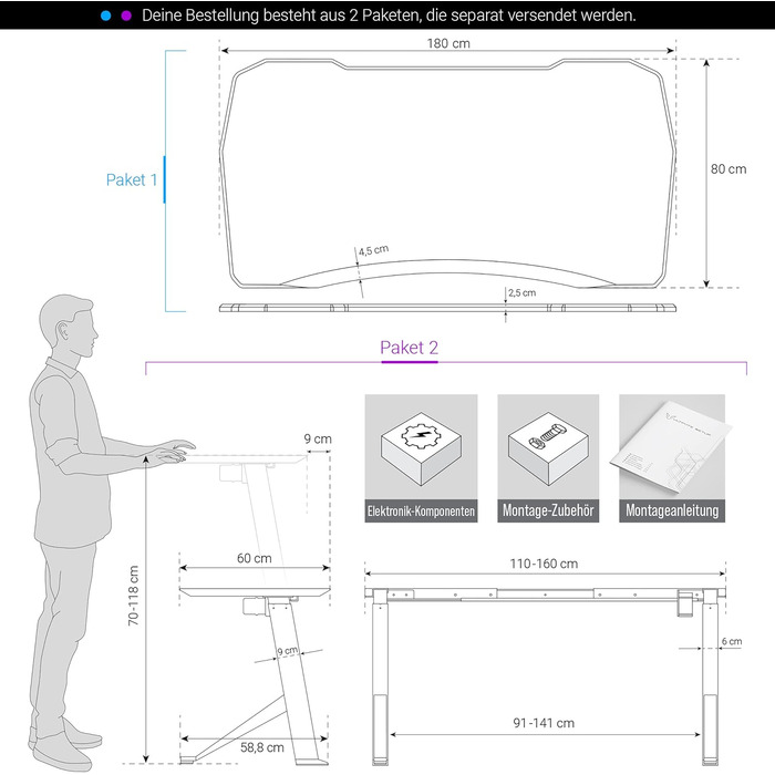 Ігровий стіл Ultimate Setup, регульована висота, електричний, чорний, ігровий стіл, ігровий стіл, ігровий стіл 180x80 см, карбонове покриття для ігрової кімнати, чорна рама 180x80x2,5 см