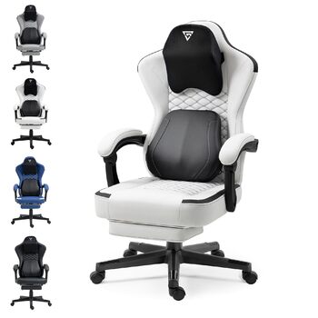 Ігрове крісло з підігрівом та масажною поперековою опорою, ергономічне ігрове комп&39ютерне крісло з пружинними подушками та підставкою для ніг, крісло для ПК з високою спинкою та відкидним кріслом для дорослих, біла штучна шкіра