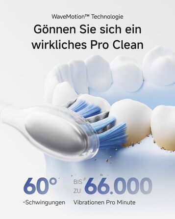 Звукова зубна щітка з 6 режимами чищення та акумулятором на 70 днів, 60 осциляції, контроль тиску, 2 інтелектуальні насадки (ABS Білий)