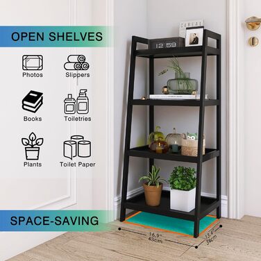 Бамбукова книжкова полиця SMIBUY з драбиною, органайзер для полиць у ванній кімнаті, окремостояча підставка для рослин, компактні полиці для спальні, кухні, балкону (чорна, 4 полиці (99 см заввишки)) Чорна 4 полиці (99 см заввишки)