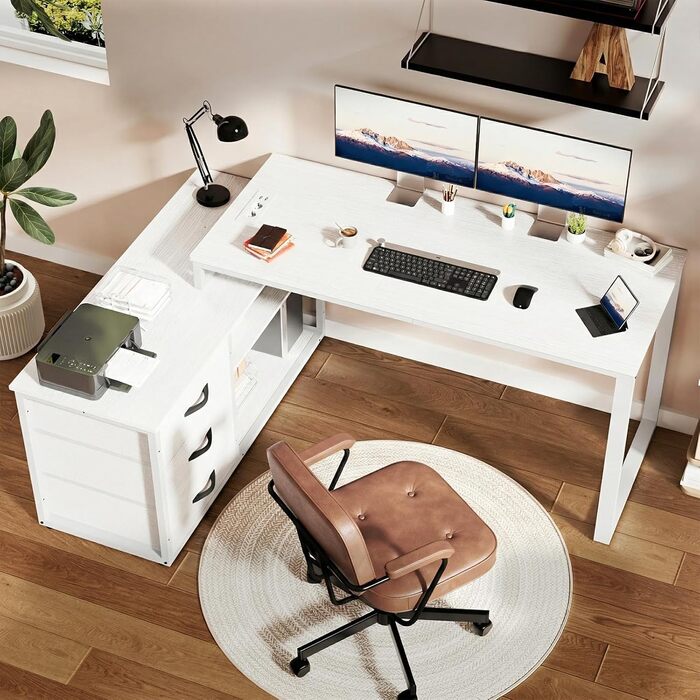 Кутовий стіл JUMMICO з шухлядами, L-подібний реверсивний, 140 x 105 x 75 см, з 2 USB-портами та 2 розетками, білий