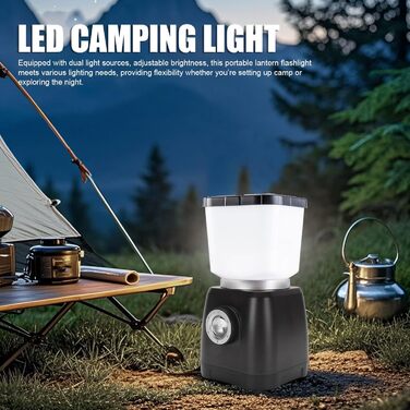 Ліхтар для кемпінгу з ручним керуванням ємністю 6000 мАг, водонепроникний, акумуляторний, подвійний світлодіодний ліхтар IPX7, портативний зарядний пристрій, 22 години роботи, аварійне освітлення для кемпінгу, (ЧОРНИЙ) Чорний