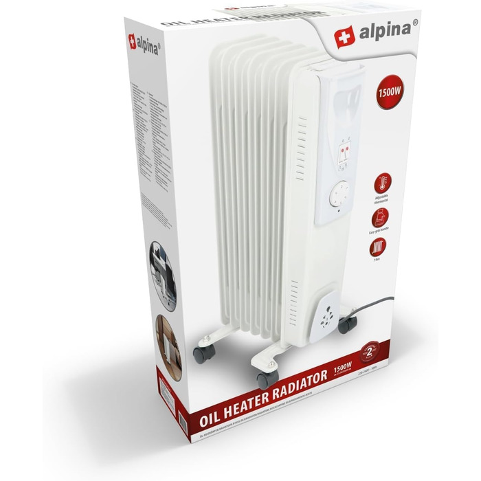 Масляний радіатор Alpina 1500 Вт Електричний обігрівач з термостатом Електричний радіатор опалення Портативний електричний радіатор на колесах Компактний електричний підставний обігрівач із захистом від перегріву Білий