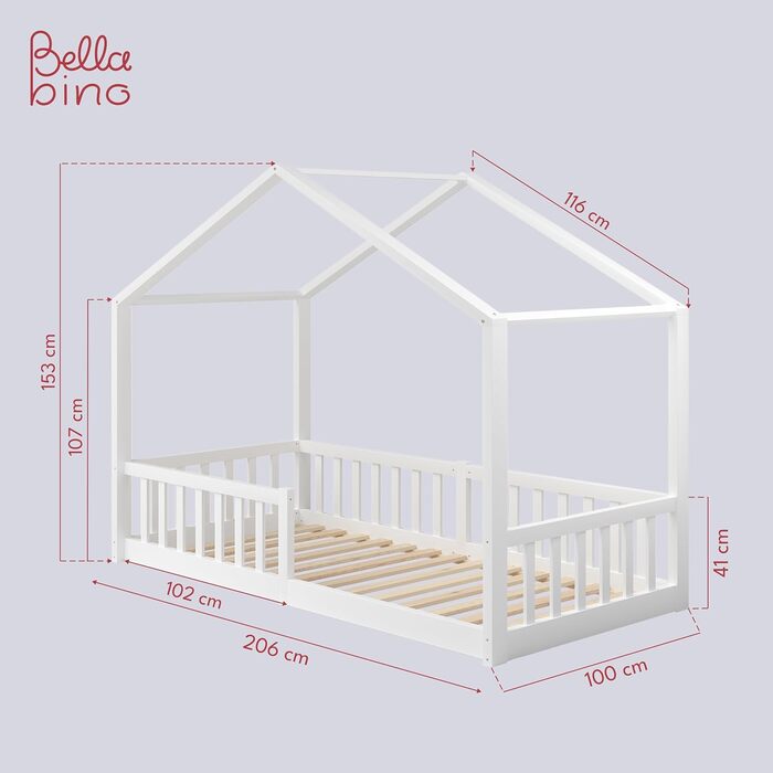 Дитяче ліжко Bellabino Bia 90x200 см, дитяче ліжко для дому з захистом від випадіння та висувною рейковою рамою, підлогове ліжко М