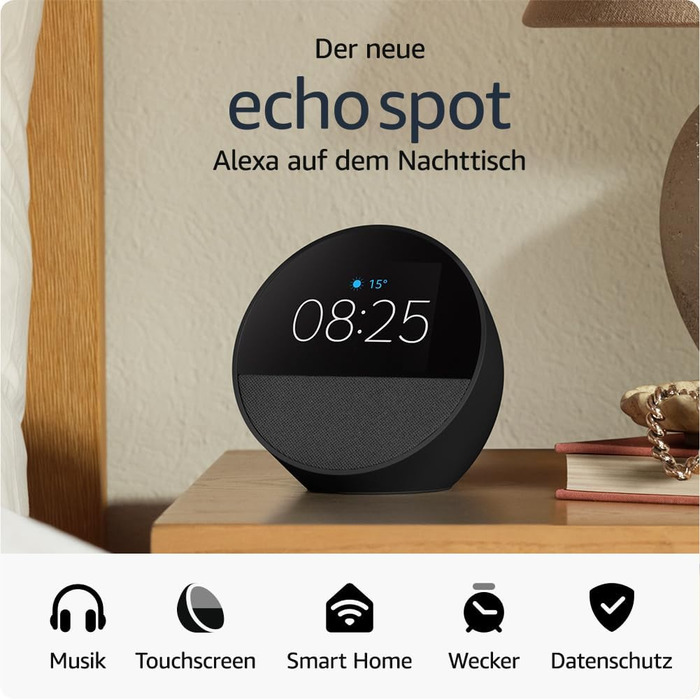 Новий Storeo Echo Spot (2024), розумний будильник з насиченим звуком і Alexa, Black