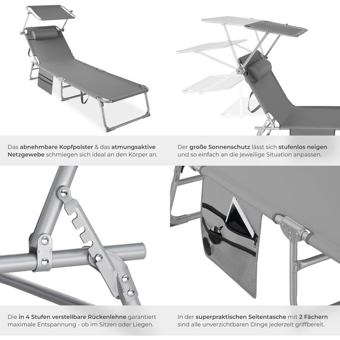 Складаний портативний шезлонг з бічною кишенею, пляжний шезлонг, садовий шезлонг з навісом, крісло-відкидний крісло з регульованою спинкою, включаючи підголівник - для балкону, тераси, кемпінгу - сірий
