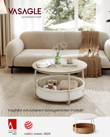 Круглий журнальний столик VASAGLE, столик із місцем для зберігання, приставний столик, столик для вітальні з тканинним кошиком, сучасний, металевий каркас, натуральний бежево-кремово-білий LCT244K01 Натуральний бежевий кремово-білий круглий