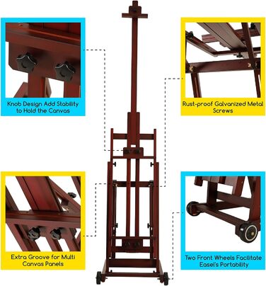 Багатофункціональний студійний мольберт MEEDEN, мольберт з H-подібною рамкою, мольберт з масиву бука з передніми колесами, може вміщати полотна до 196 см (77''), колір горіха