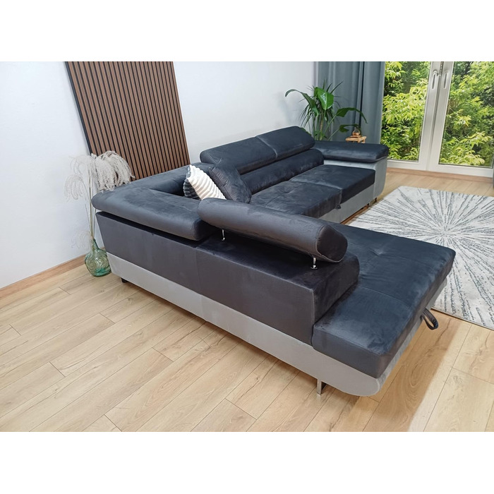 Кутовий диван Aston з функцією сну та відділенням для зберігання речей, вітальня, L-подібний диван з відділенням для зберігання речей, L-подібної форми, диван з функцією сну (темно-сірий/сірий, шезлонг ліворуч) Темно-сірий / сірий, шезлонг ліворуч