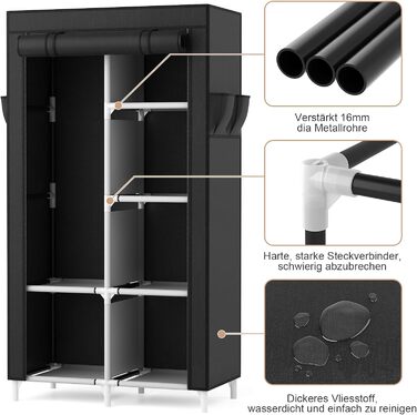 Шафа, тканинна шафа з вішаком для одягу, 6 полицями, 4 боковими кишенями та кришкою, міцна шафа для гардеробної спальні (чорна, 84 x 42 x 162 см)