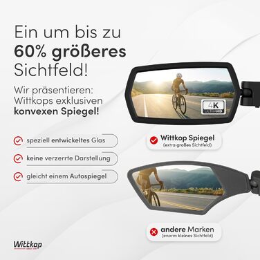 Велосипедне дзеркало WITTKOP Велике поле зору HD Обертається на 360 та складається Кріплення зверху та знизу Ударостійке та міцне Опукле дзеркало заднього виду для велосипедів та електровелосипедів (Комплект (лівеправе))