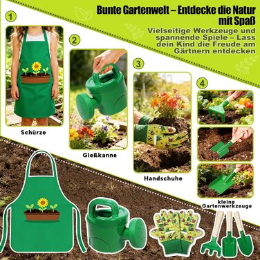 Набір дитячих садових інструментів (10 шт.) металевий набір з лопаткою, граблями, вилами, рукавичками, фартухом, лійкою, повний комплект для ігор у саду, на подвір'ї та газоні (зелений)