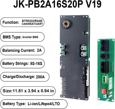 Інверторна система BMS JKBMS 8S-16S 24V-48V 200A - V19 для домашнього накопичення енергії BMS з UART для нового дисплея, активним балансуванням 2A, вбудованим Bluetooth, RS485 та CAN, для сонячної системи (JK-PB2A16S20P V19)