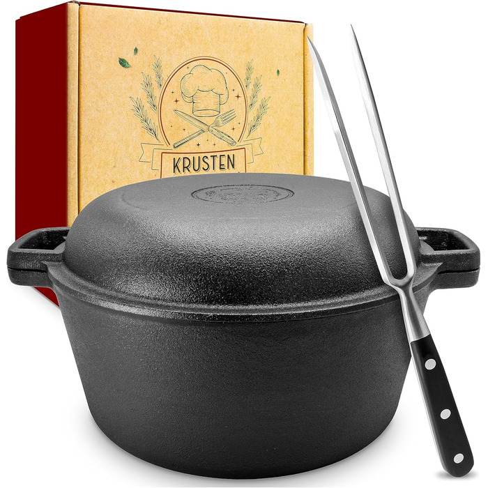 Чавунний горщик KRUSTENZAUBER включаючи виделку для м'яса - Міцна чавунна каструля 26 см з кришкою, підходить для духовки - ідеаль