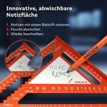 Столярний кут Presch 300 мм - Інноваційна поверхня для нотаток, що стирається - Високоточний фрезерований алюміній для постійно точних кутів 90 - Ретельно оброблене, стійке покриття 300 мм Записуваний