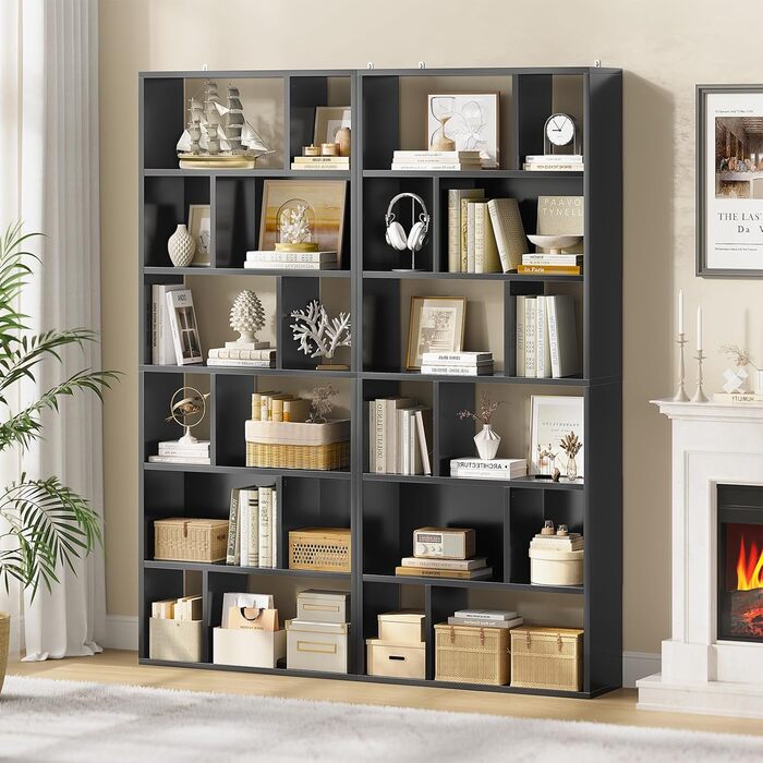Книжкова полиця, 6-ярусна полиця, окремостояча книжкова шафа з 12 відкритими відділеннями, полиця для вітальні, спальні, ванної кімнати, офісу, сучасна, легко збирається, 173x60x24 см, чорна