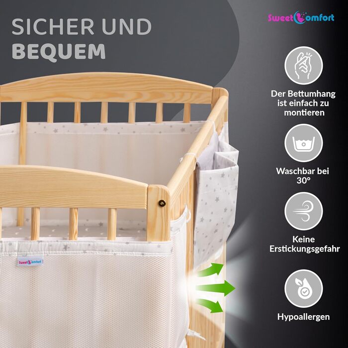 Бортик для дитячого ліжечка SweetComfort Дихаючий, з кишенею для зберігання - Підходить для ліжечок 60x120 та 70x140 см - Зоряно-білий - Регульовані застібки-липучки - Для 3- та 4-сторонніх ліжечок