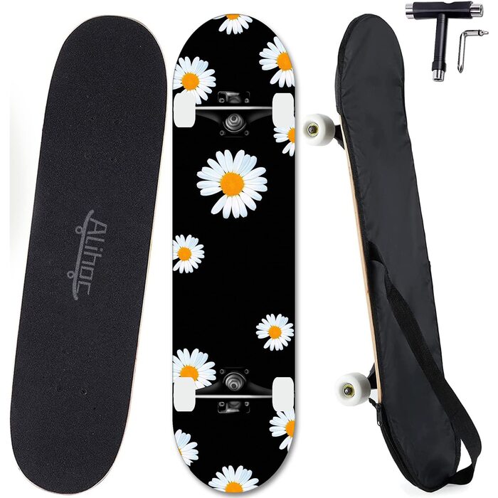 Дюймовий стандартний скейтборд, 7-шарова кленова дошка, підходить для дітей, підлітків, дорослих, початківців та професіоналів, максимальне навантаження 150 кг. Хризантема., 31-