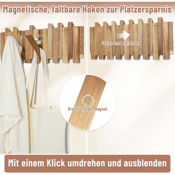Звичайна дерев&39яна вішалка для пальто в сільському стилі з 8 гачками магнітна конструкція в шаховому порядку, відкидні настінні гачки для передпокою 42,5 см компактна настінна вішалка для курток, пальто та сумок. Розташування в шаховому порядку з 8 гачк