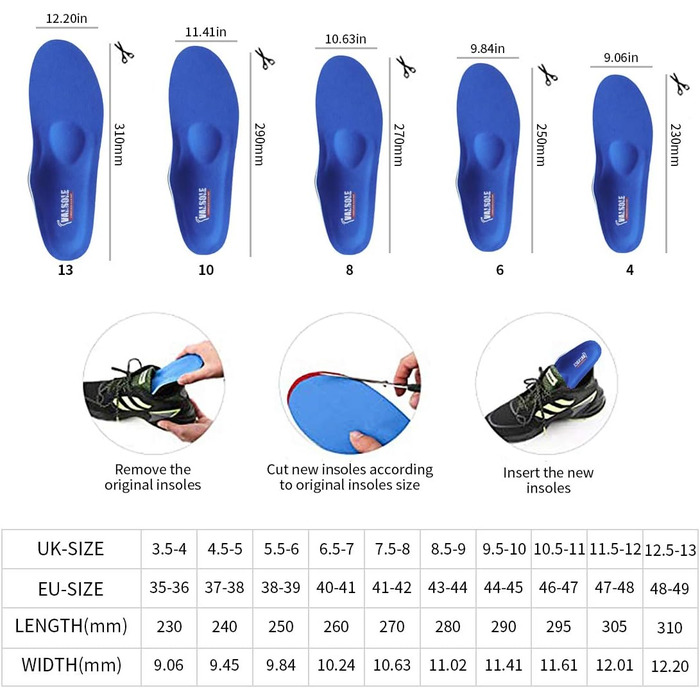 Ортопедичні устілки VALSOLE для жінок та чоловіків, висока підтримка стопи, м&39які функціональні вкладки для взуття при плоскостопості, плантарному фасціїті, болю в стопі 37-38 EU 24 см синього кольору
