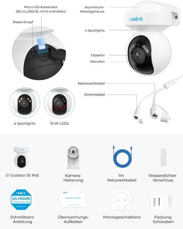 Камера безпеки Reolink 4K PoE для домашнього спостереження, зовнішня IP-камера з кольоровим нічним баченням, поворотом 355 і нахилом 50, автоматичним відстеженням, розумним виявленням, двостороннім аудіо, E1 Outdoor SE PoE