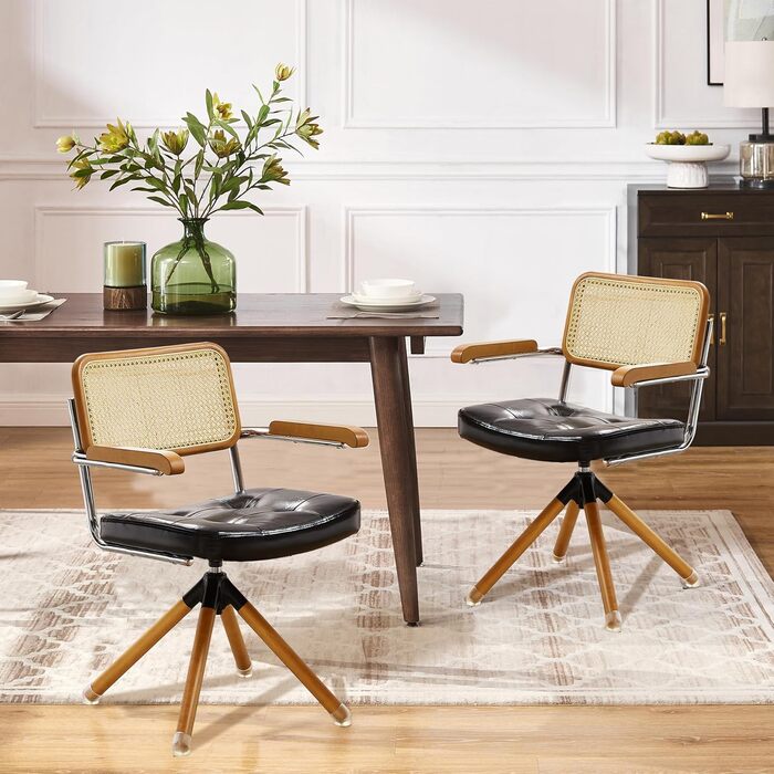 Письмове крісло Zouron з ротанга, чорне - обертове крісло в стилі середини століття без коліщаток, м&39яке офісне крісло зі штучної шкіри з дерев&39яними ніжками, акцентне крісло для домашнього офісу, вітальні, спальні, , чорного кольору