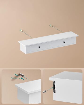 Настінна полиця SONGMICS, плаваюча полиця з 2 шухлядами, вантажопідйомність до 15 кг, 15 x 65 x 10 см, для коридору, вітальні, офісу, легке складання, компактна, сучасна, біла LWS65WT