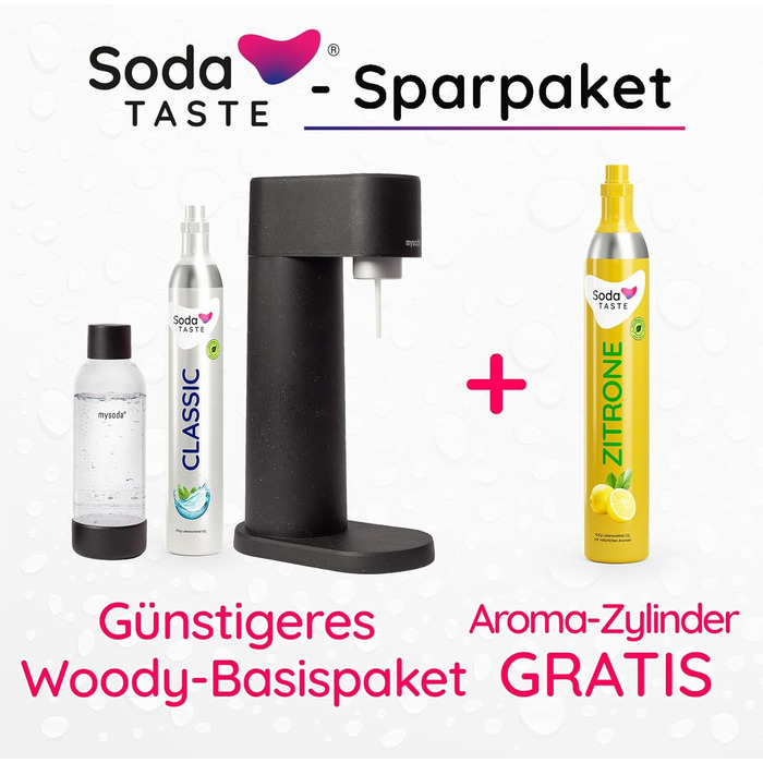 Економ-пакет Mysoda Woody - поновлюваний деревний композитний виробник газованої води з пластиковою пляшкою 1 л без BPA, класичним циліндром CO2 лимонним циліндром CO2 (чорний)
