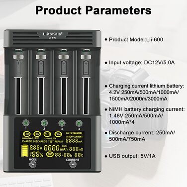 Швидкий зарядний пристрій Liitokala Lii-600 з РК-дисплеєм та сенсорним керуванням, 4-слотовий швидкий зарядний пристрій для акумуляторів 18650 з адаптером 12V 5A для Li-Ion/Ni-MH/Ni-Cd 14500 21700 AA AAA тощо.