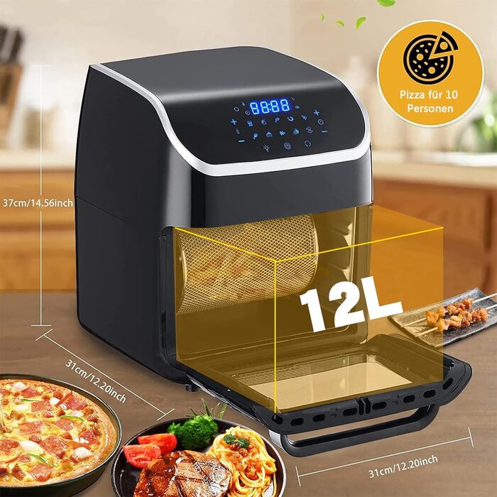 Хагвот XXL 12-літрова фритюрниця, фритюрниця з РК-дисплеєм, 9 програм, попереднє нагрівання та підтримання тепла, дегідратор, фритюрниця без олії, 1800 Вт, з аксесуарами