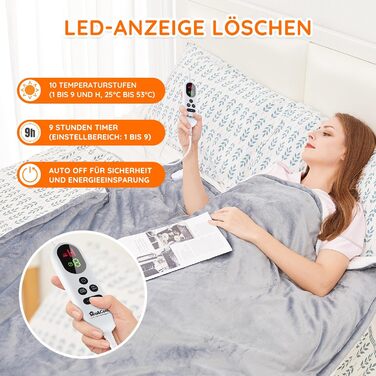 Електрична ковдра Mia&Coco з автоматичним вимкненням, 160x130 см, 10 налаштувань нагріву, 9-годинний таймер автоматичного вимкнення, захист від перегріву, можна прати в пральній машині, фланелева електрична ковдра для ліжка, дивана та вітальні, сіра, 130x