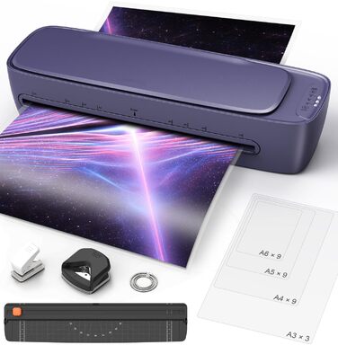 Ламінатор A3 з 30 ламінувальними пакетами, гарячий та холодний ламінатор для паперів A3, A4, A5 та A6, ламінатор 9-в-1 з різаком для паперу та закруглювачем кутів, ламінатор для школи, дому, офісу та файлів (фіолетовий)