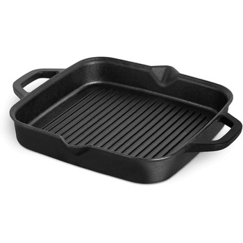 Чавунна сковорода-гриль BURNHARD, квадратна 26 см, попередньо приправлена, сковорода для стейків для газового гриля, духовки, вогн