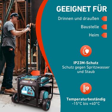 Бензиновий генератор Heron 3,5 кВт Генератор з баком 18 л та шасі Генератор з двома розетками 16A 230V та однією розеткою 12V/8,3A DC Мобільний генератор з системою AVR Без електричного стартера