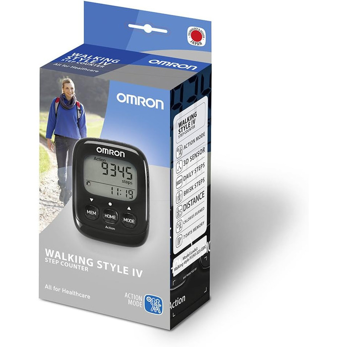 Крокомір OMRON Walking Style IV, чорний, 3D-сенсор для точного вимірювання, вимірює аеробні кроки, відстань та спалені калорії з пам&39яттю, режимом дії та великим дисплеєм, простий у використанні