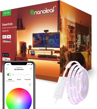 Стартовий набір Nanoleaf Matter Essentials Lightstrip, 5M розумна світлодіодна стрічка RGBW - через різьбу, світлодіодна стрічка Bluetooth 16M Colors, синхронізація екрана, працює з Google Apple, Home & Gaming (стартовий пакет 2M)