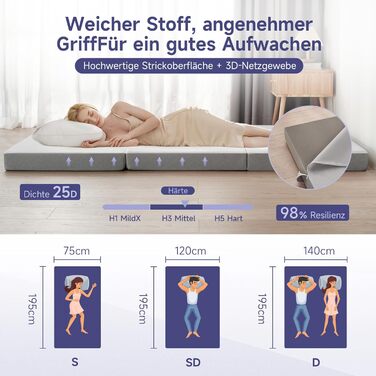 Розкладний матрац Z-hom, гостьовий матрац, 3-секційний розкладний матрац, 14019510 см, товстий пінопластовий матрац, складний матрац, для дорослих, знімний та пральний зовнішній чохол 14019510 см