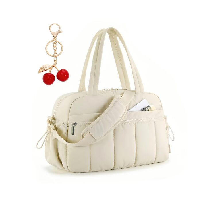 Жіноча спортивна сумка велика фітнес-сумка з вишневим кулоном (подарункова), водонепроникна дорожня сумка для тренажерного залу, плавання, подорожей, бежева