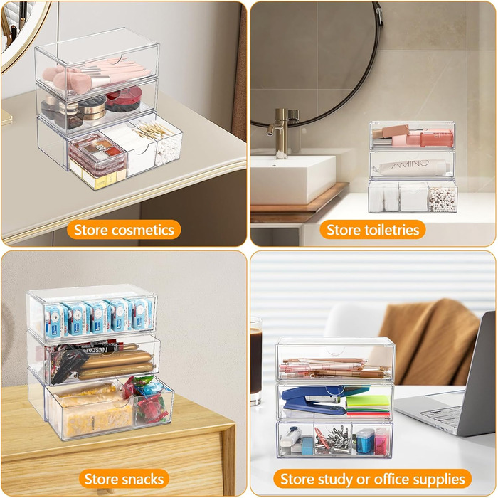 Секційний органайзер для косметики з висувними шухлядами, міні-органайзер для ванної кімнати з висувними шухлядами. Штабельований прозорий акриловий органайзер для макіяжу, для туалетного столика, ванної кімнати, спальні, письмового столу, 3-