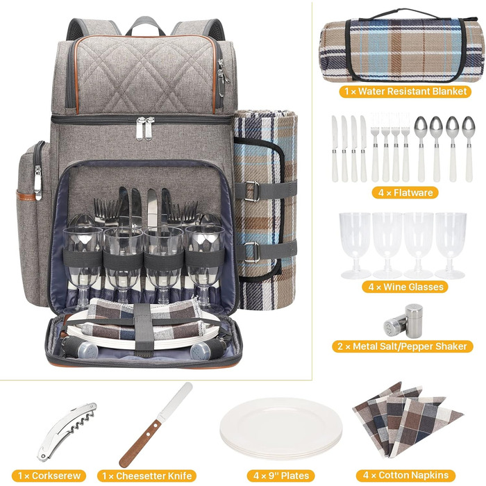 Рюкзак для пікніка на 4 особи, набір кошиків для пікніка, герметична сумка для пікніка, пляжний рюкзак-холодильник з ізольованою сумкою-холодильником, ковдра для пікніка, кемпінговий, колір хакі з брашуванням для парку