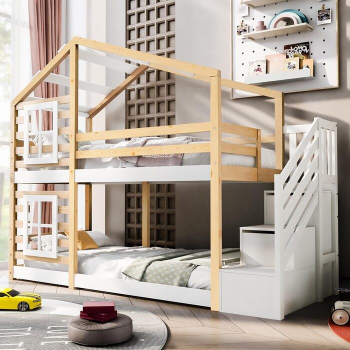 Дитяче ліжко Kehun Двоярусне ліжко 90 x 200, Ліжко-будиночок для 2 дітей, Ліжко-горище з дерев&39яною рейковою основою, Дерев&39яне ліжко з шухлядою та вікном, Ліжко-будиночок на дереві із захистом від падіння та сходами, Натуральний та білий, Без матраца