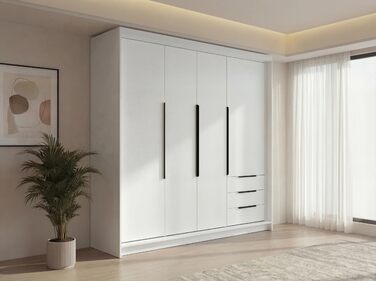 Шафа 4-дверна з 3 шухлядами 200 x 215 см Шафа з відкидними дверима, рейкою для одягу та полицями Білий/Білий/Сірий