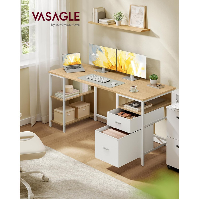 Комп&39ютерний стіл, офісний стіл, письмовий стіл, з 3 полицями, 2 шухлядами, 160 x 60 x 76 см, для офісу, вітальні, сучасний стиль, натуральний дуб-хмарно-білий LWD105YD01 160 x 60 см Натуральний дуб перлинно-білий