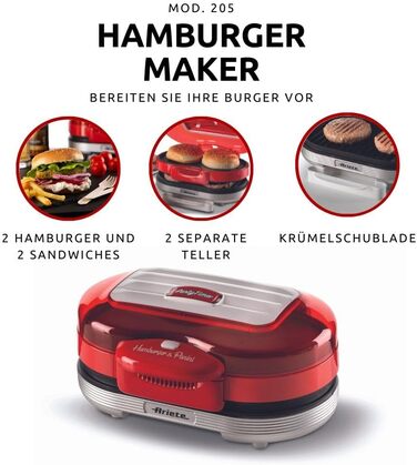 Електрична бутербродниця, електричний гриль з двома пластинами з антипригарним покриттям, 2 нагрівальні камери, легко чиститься, 1200 Вт, червона 205 гамбургерниця, 205