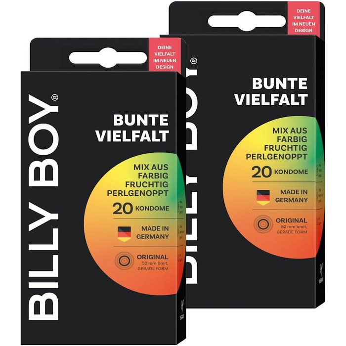 Презервативи BILLY BOY, кольорове різноманіття, 20 шт. 52 мм Різнокольоровий, фруктовий та ребристий мікс презервативів (2 x 20 шт. )